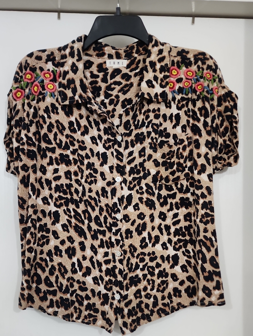 THML Leopard-Print Button Front Top with Colorful Shoulder Embroidery